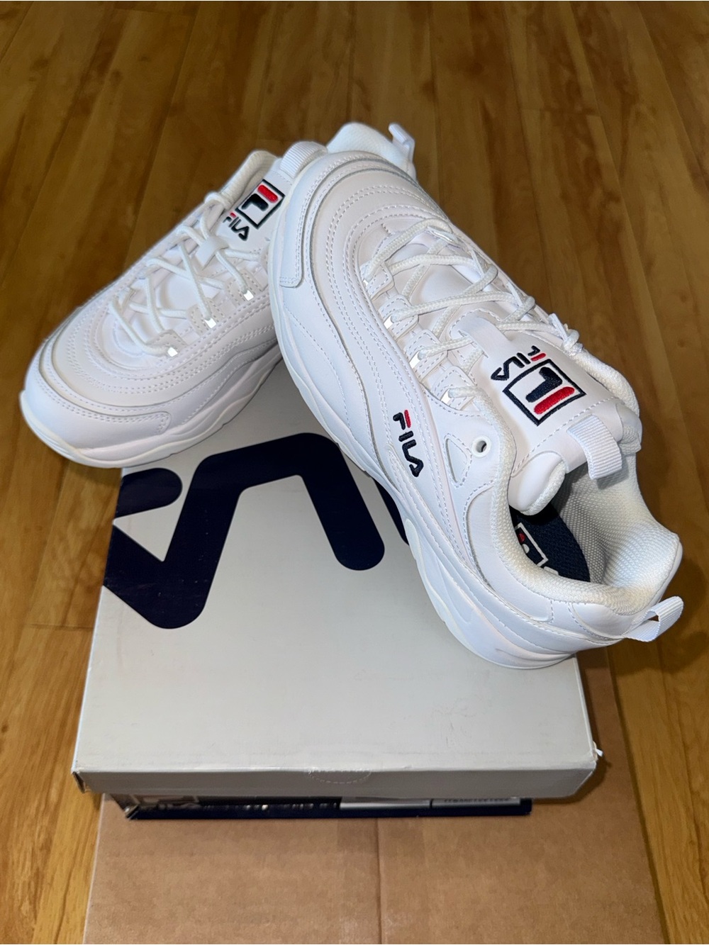 Fila Women’s White Leather Chunky Sneakers with Navy & Red Logos